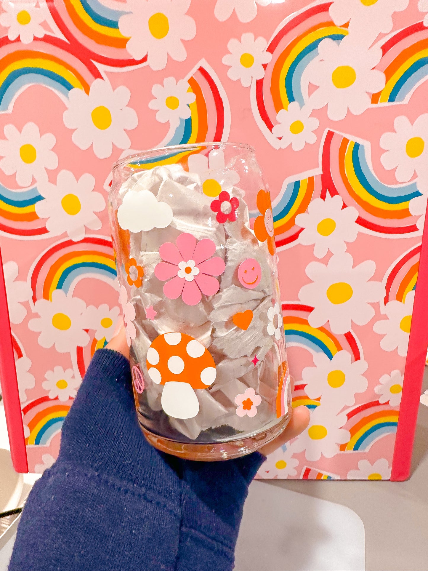 Groovy Mushroom & Rainbows Glass Cup