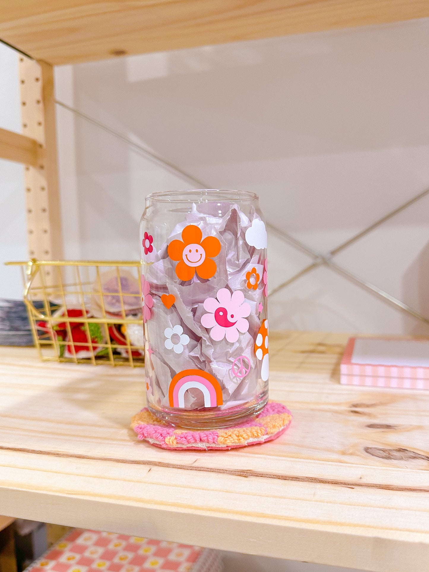 Groovy Mushroom & Rainbows Glass Cup