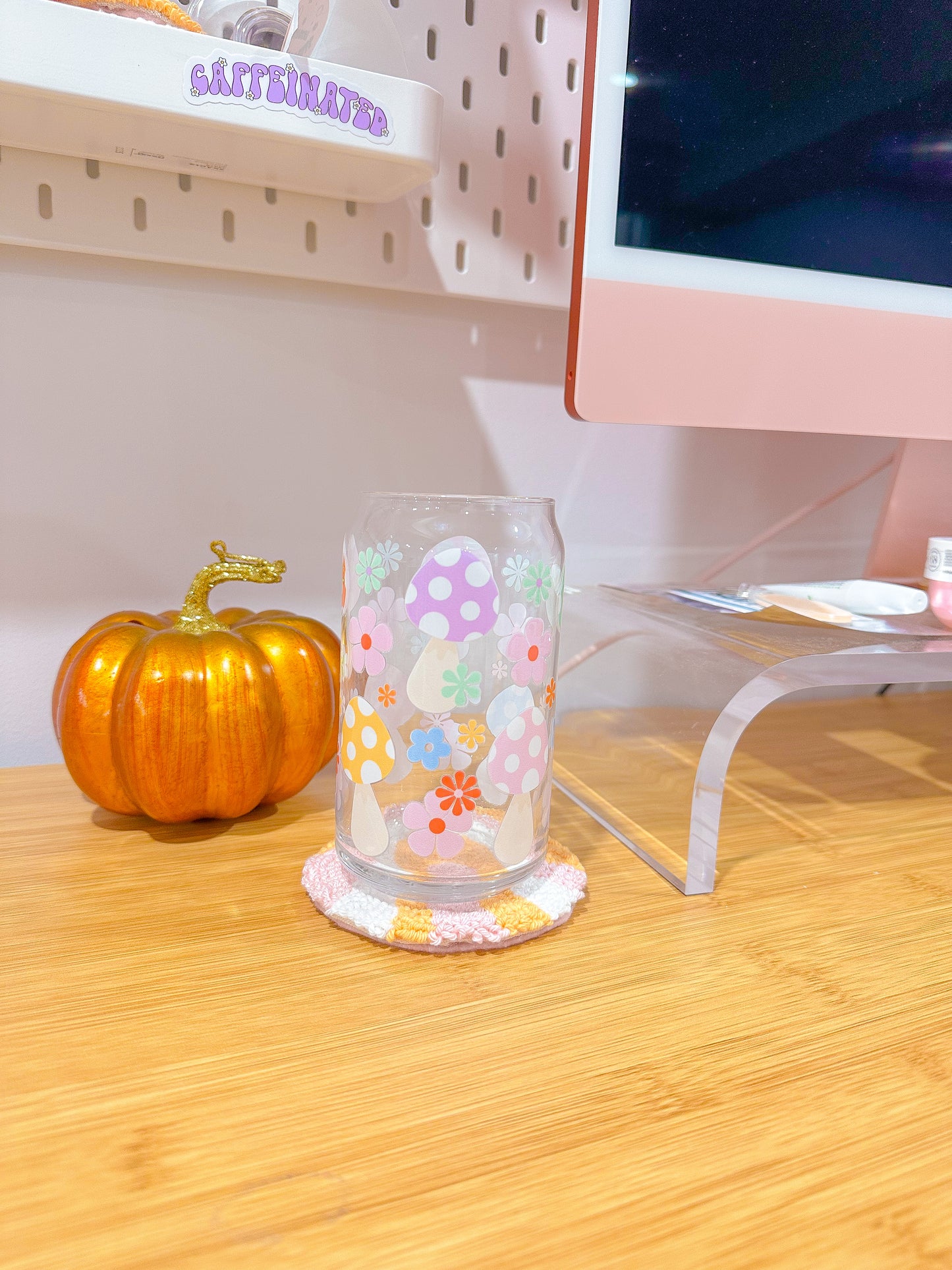 Pastel Flowers and Mushrooms Glass Cup