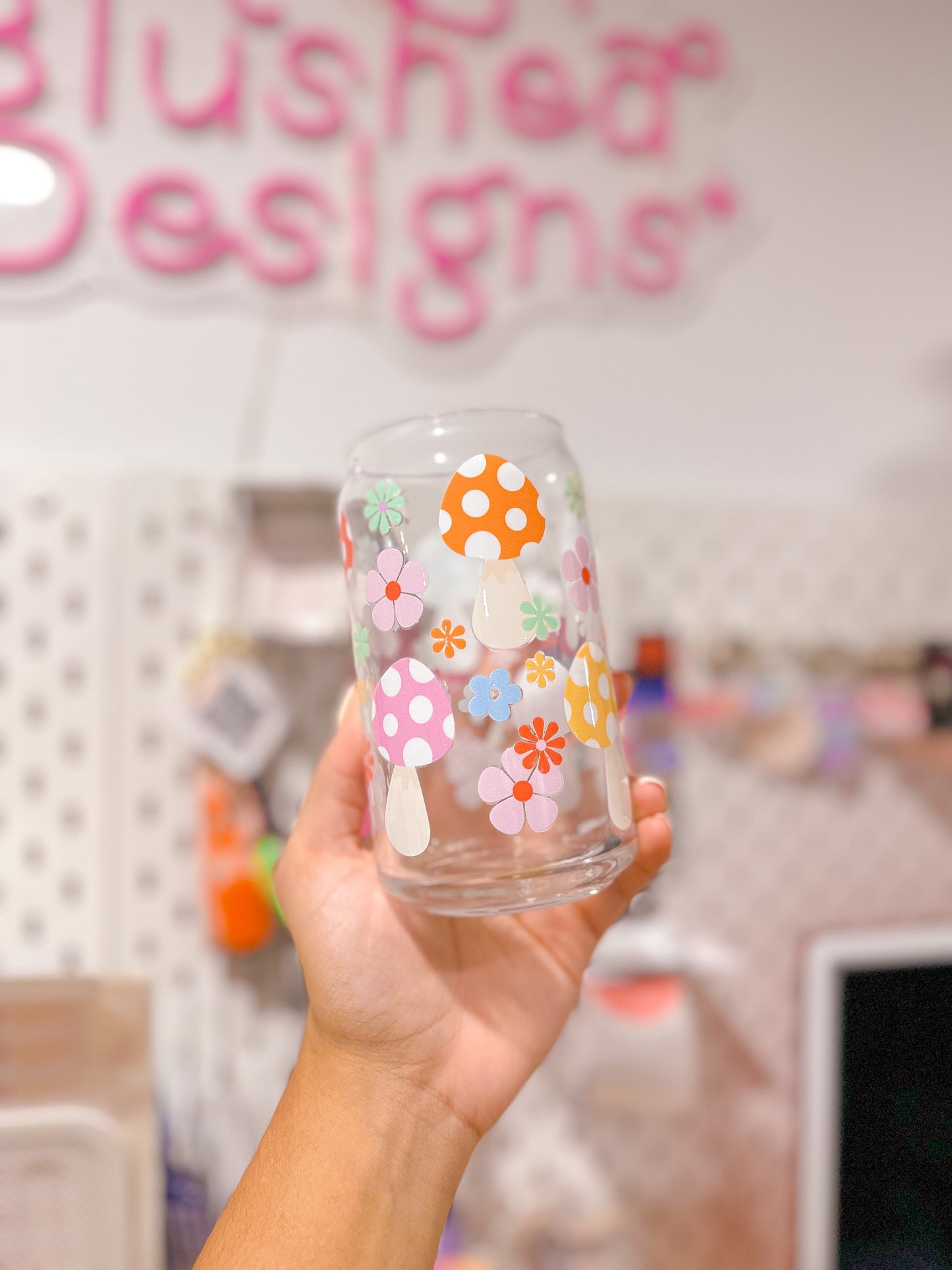 Pastel Flowers and Mushrooms Glass Cup