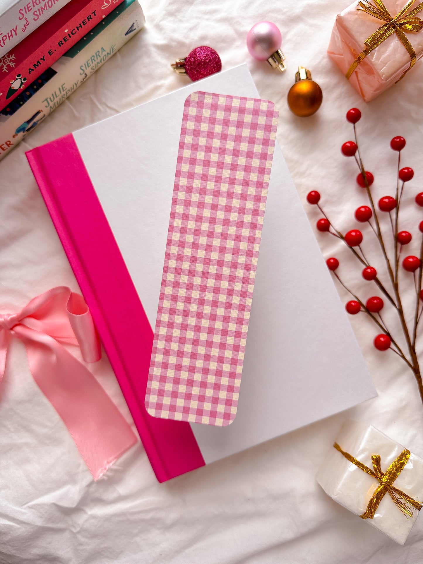 Pink Gingham Linen Bookmark