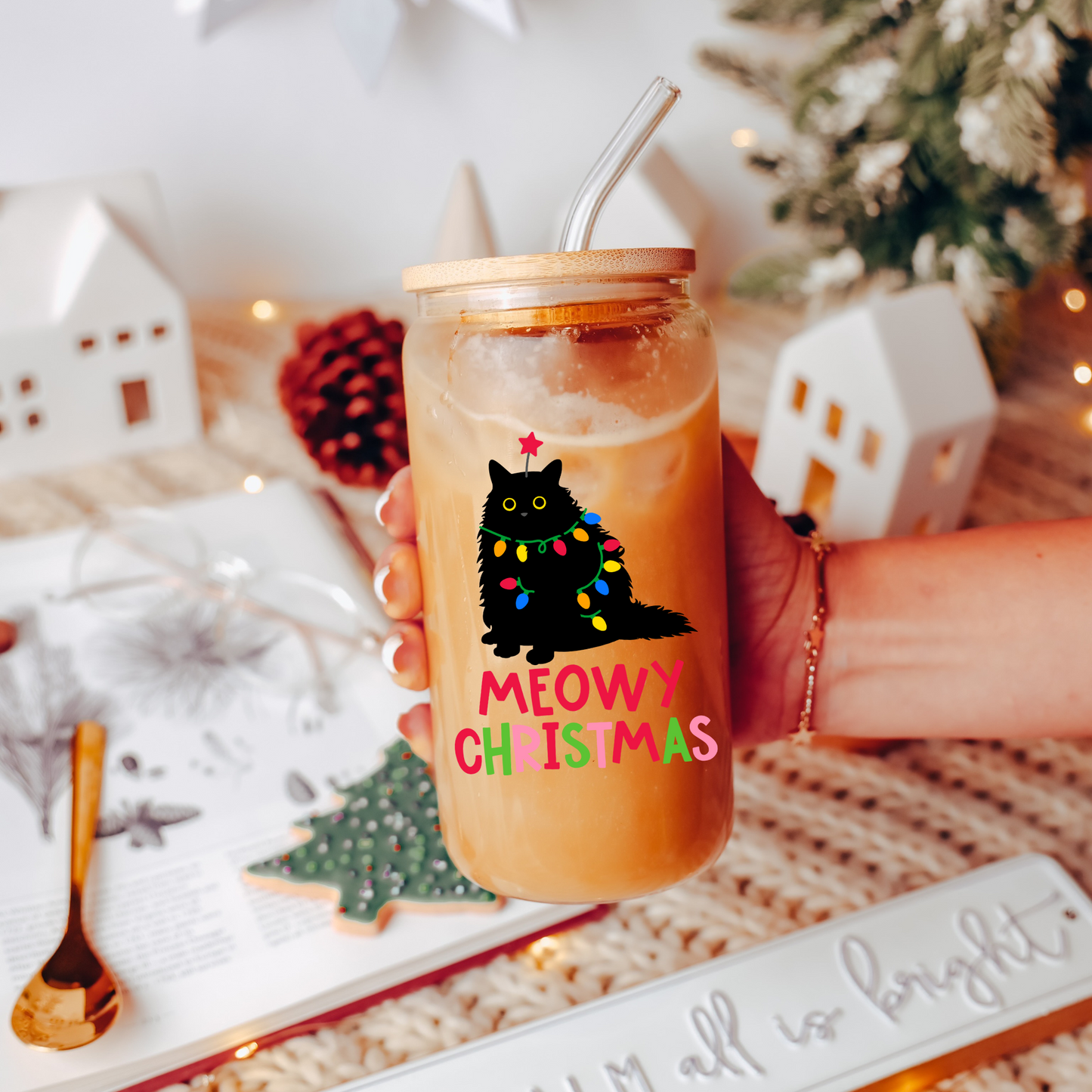 Meowy Christmas Glass Cup