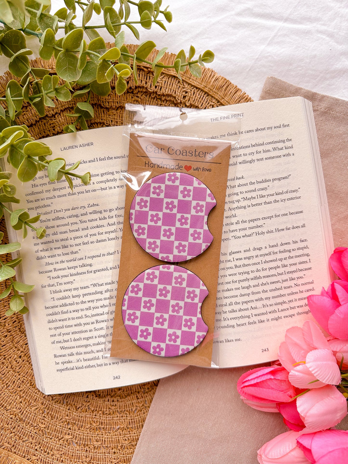 Purple Floral Checker Car Cup Holder Coasters (Set of 2)
